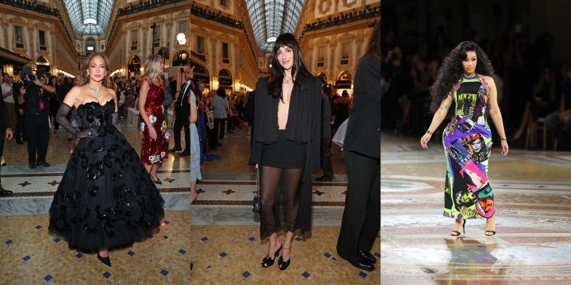Three photos: woman in black strapless ball gown with gloves; woman in black sheer layered outfit; woman in multicolour printed dress on runway — all at Galleria Vittorio Emanuele II, Milan.