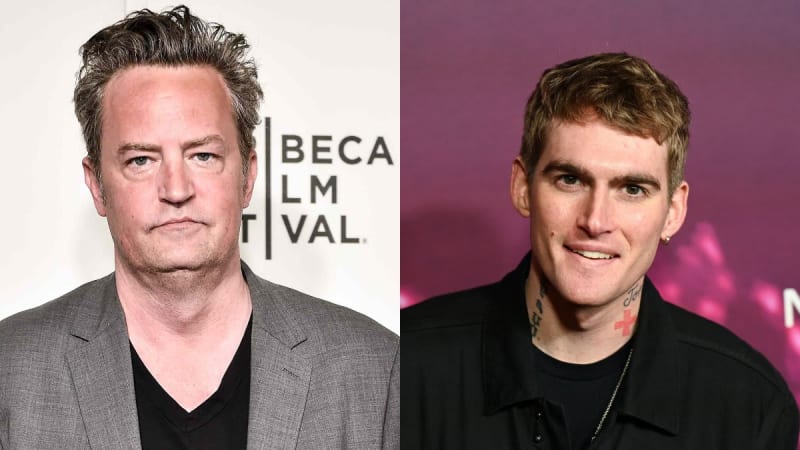 Two photos: man in grey blazer at Tribeca Film Festival backdrop; man in black shirt with neck tattoos at pink backdrop.