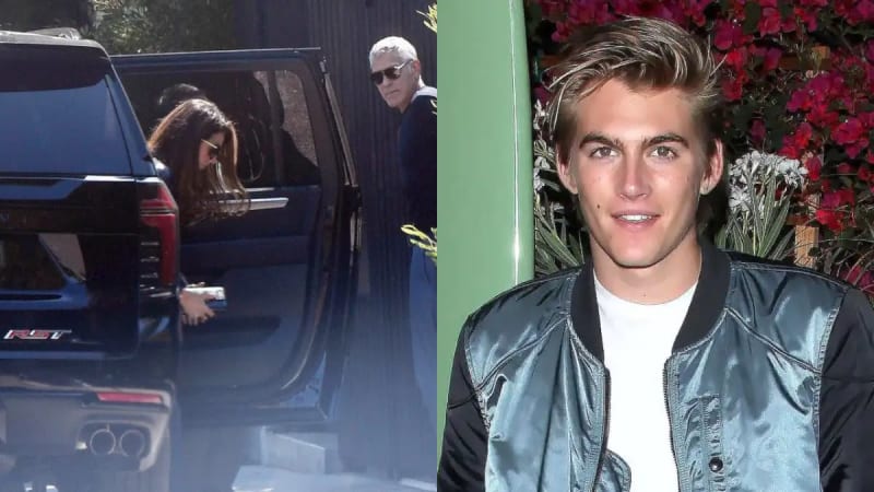 Two photos: woman entering black SUV with older man in background, outdoor setting; young man in teal bomber jacket smiling against floral backdrop.
