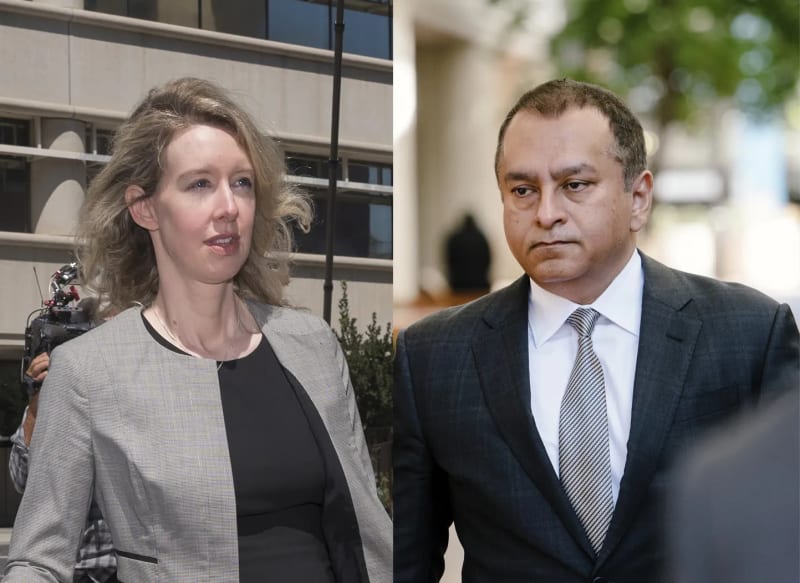 Two photos: woman in grey blazer walking outside building; man in dark suit and striped tie indoors.