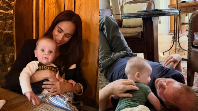 Two photos: woman in black jacket holding baby at wooden table; man lying on floor with baby in home interior.