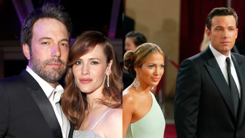 Two photos: man in black suit with woman in silver dress at indoor event; woman in mint dress with man in black suit on red carpet.