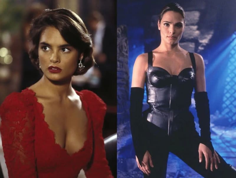 Two film stills: woman in red lace dress, indoor setting; woman in black leather corset and gloves, blue-lit set.