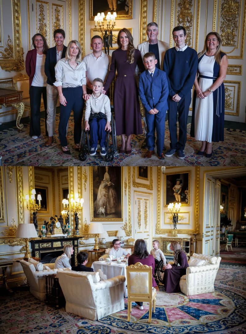 Two photos: group including woman in purple dress and boy in wheelchair posing; same group seated for tea around low table — both in gilded palace room.