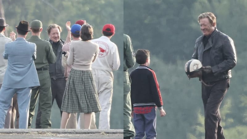 Two film set photos: group of people in vintage 1950s costumes waving; man in black jacket holding racing helmet with child nearby, outdoor setting.
