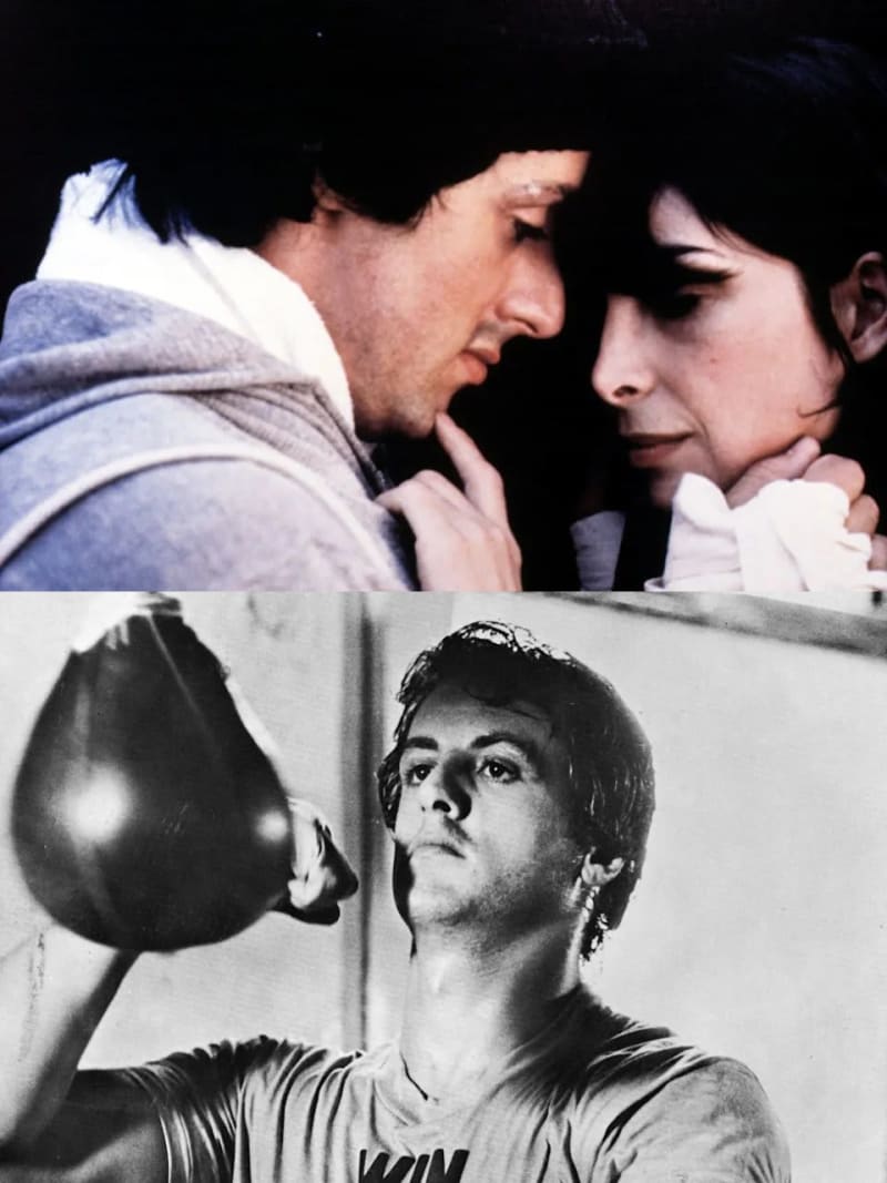Two film stills: man and woman face-to-face in hooded sweatshirt, colour; man punching speed bag in gym, black and white.