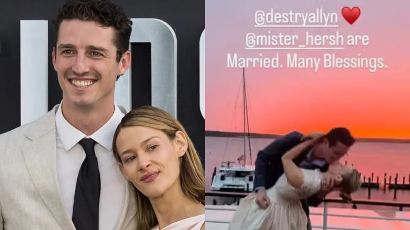Two photos: man in cream suit and woman in white top at premiere; couple kissing in wedding attire against orange sunset at marina.