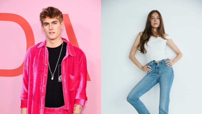Two photos: man in pink velvet shirt at pink backdrop event; woman in white top and jeans against white wall.