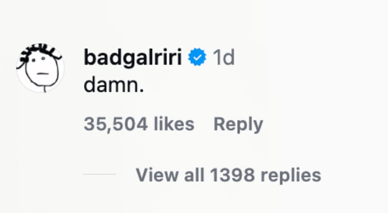 Instagram post by badgalriri with a simple face drawing and caption "damn." showing 35,504 likes.