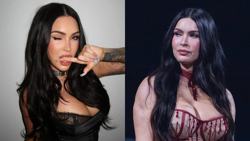 Two photos: woman in black lace corset, hand gesture near lips, grey background; woman in red beaded corset, at event, dark background.