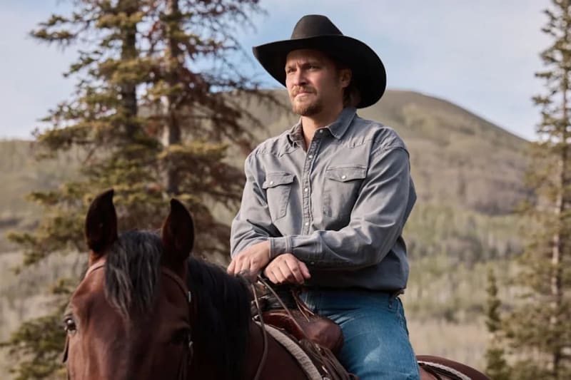 A man in a cowboy hat and denim shirt sits on a brown horse in a mountainous, forested landscape.