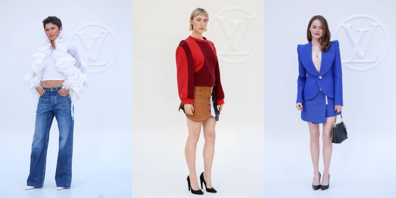 Three photos at Louis Vuitton show: woman in white feather top and jeans; woman in red sweater and tan mini skirt; woman in cobalt blue structured blazer dress — all against LV embossed backdrop.