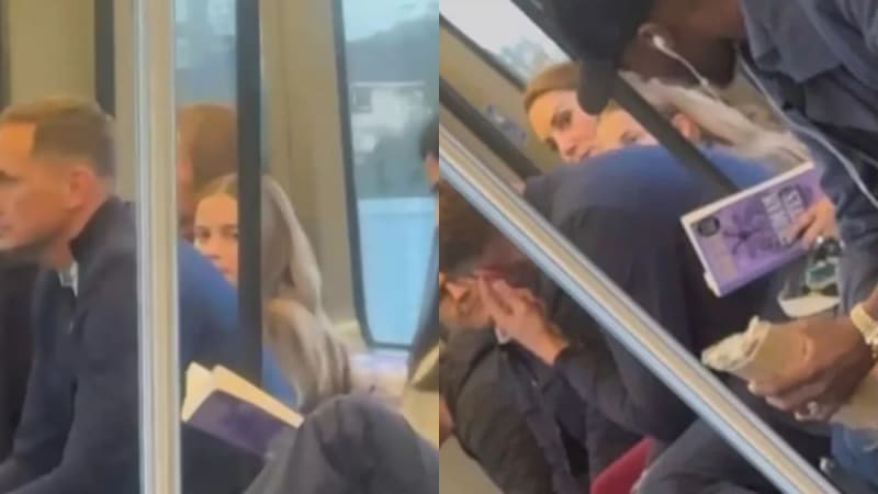 Two photos: woman with blonde hair seated on train, man beside her holding book; closer view of same woman holding purple book on tube carriage.