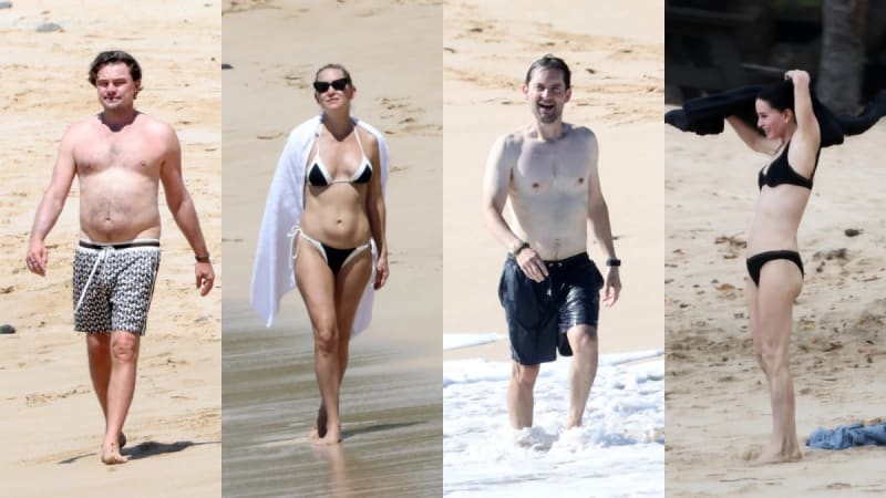 Four beach photos: shirtless man in patterned shorts walking; woman in black bikini with white towel; shirtless man in black shorts running from surf; woman in black bikini removing coverup — all on sandy beach.