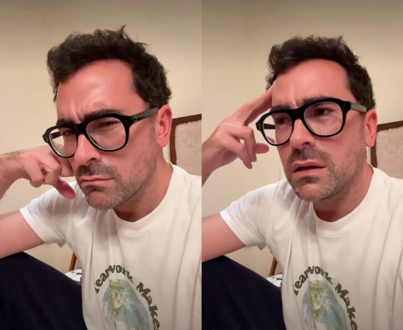 Two photos: man in white graphic tee and black glasses, fist to cheek; same man pointing to temple, indoor setting.