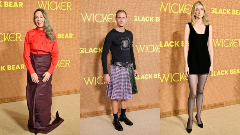 Three photos at a wicker-backdrop event: woman in red shirt and burgundy skirt; man in black top and plaid kilt; woman in black mini dress with sheer tights.