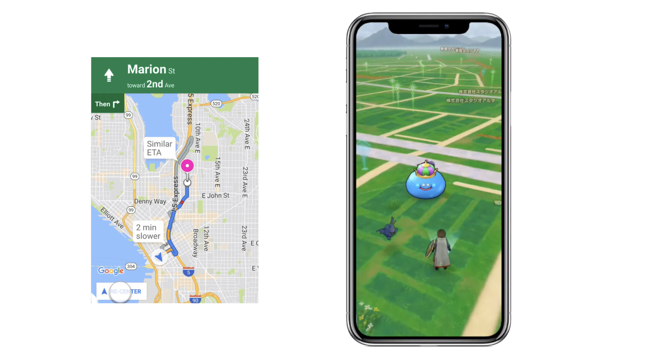 Left: a navigation solution for ridesharing and delivery partners. Right: a solution for location-based games, mostly popular with Japanese customers
