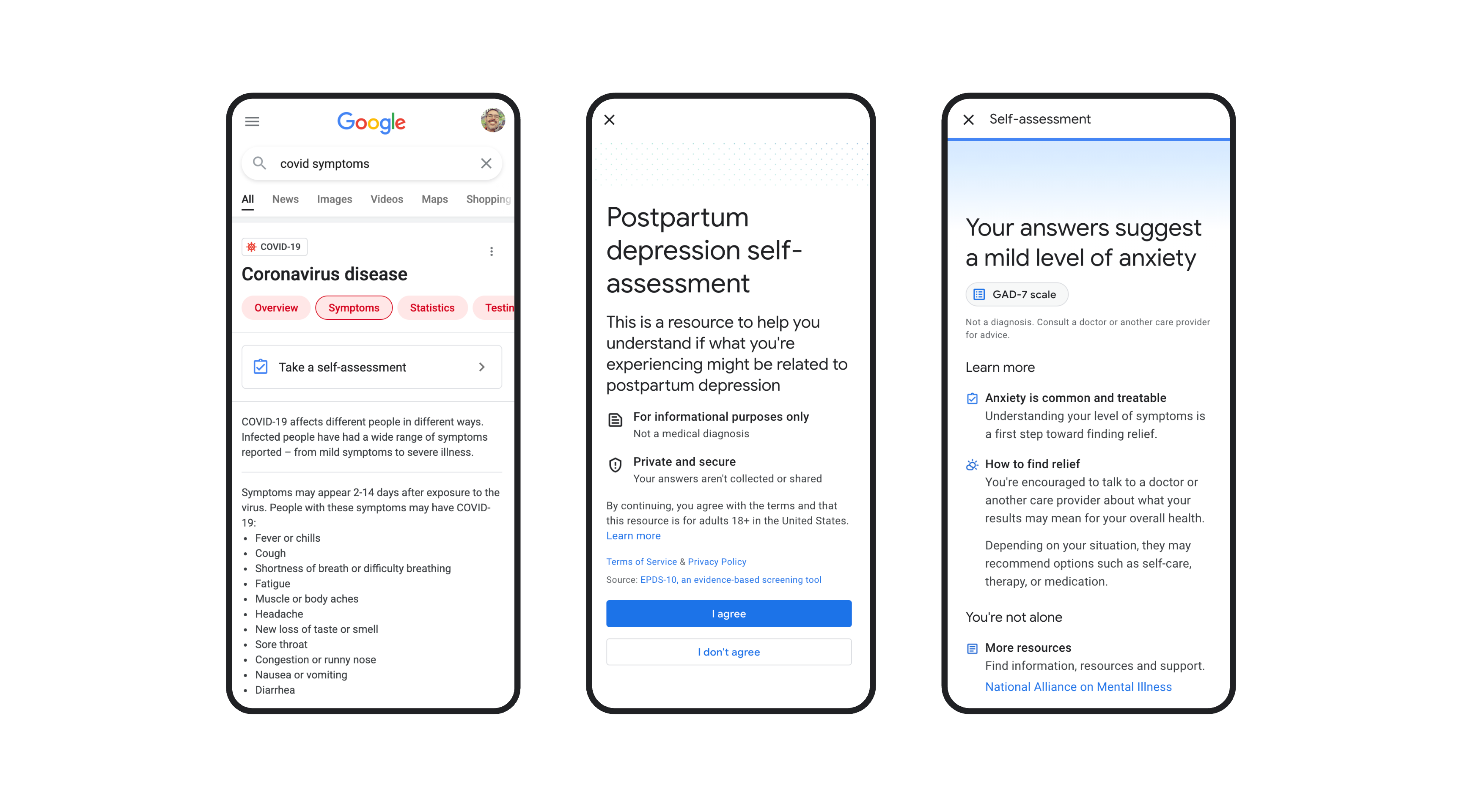 Google Search health and mental health screeners, on the left the COVID-19 screener that was built in partnership with the CDC