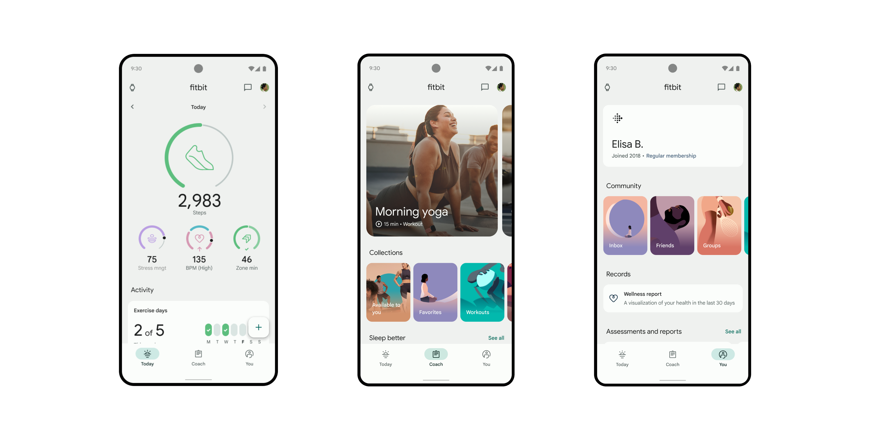 The Google Fitbit app is divided into three main parts. Today highlights your daily stats, objectives, and agenda. Coach, a feature of Fitbit Premium, offers guided programs and coaching content. You presents all your data, settings, goals, and preferences in a single display