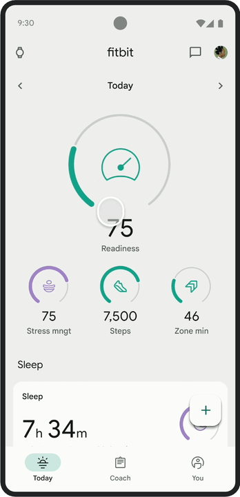 The Fitbit app Today tab, where one can see many of the new components developed in partnership with the design systems and Material Design teams