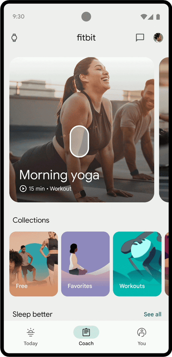 Fitbit Coach tab, where user can find coaching videos, workout and nutrition plans, as well as large library of Premium first-party and third-party content