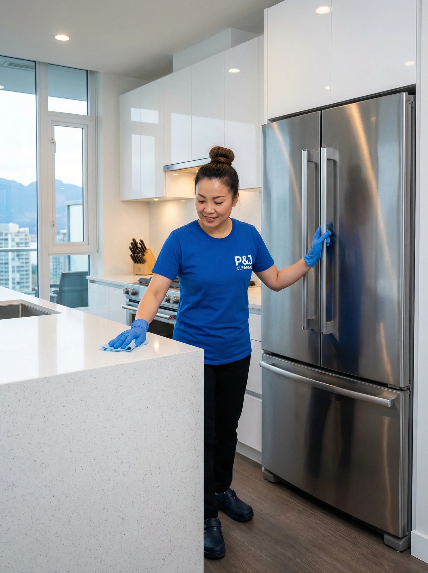 Professional Spring Cleaning service in Ladner — cleaner wiping countertop and stainless steel refrigerator in modern, bright kitchen