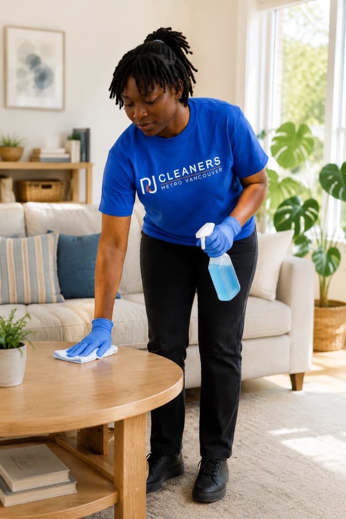 P&J Cleaners team member in the blue P&J uniform wiping a coffee table in a bright Metro Vancouver living room