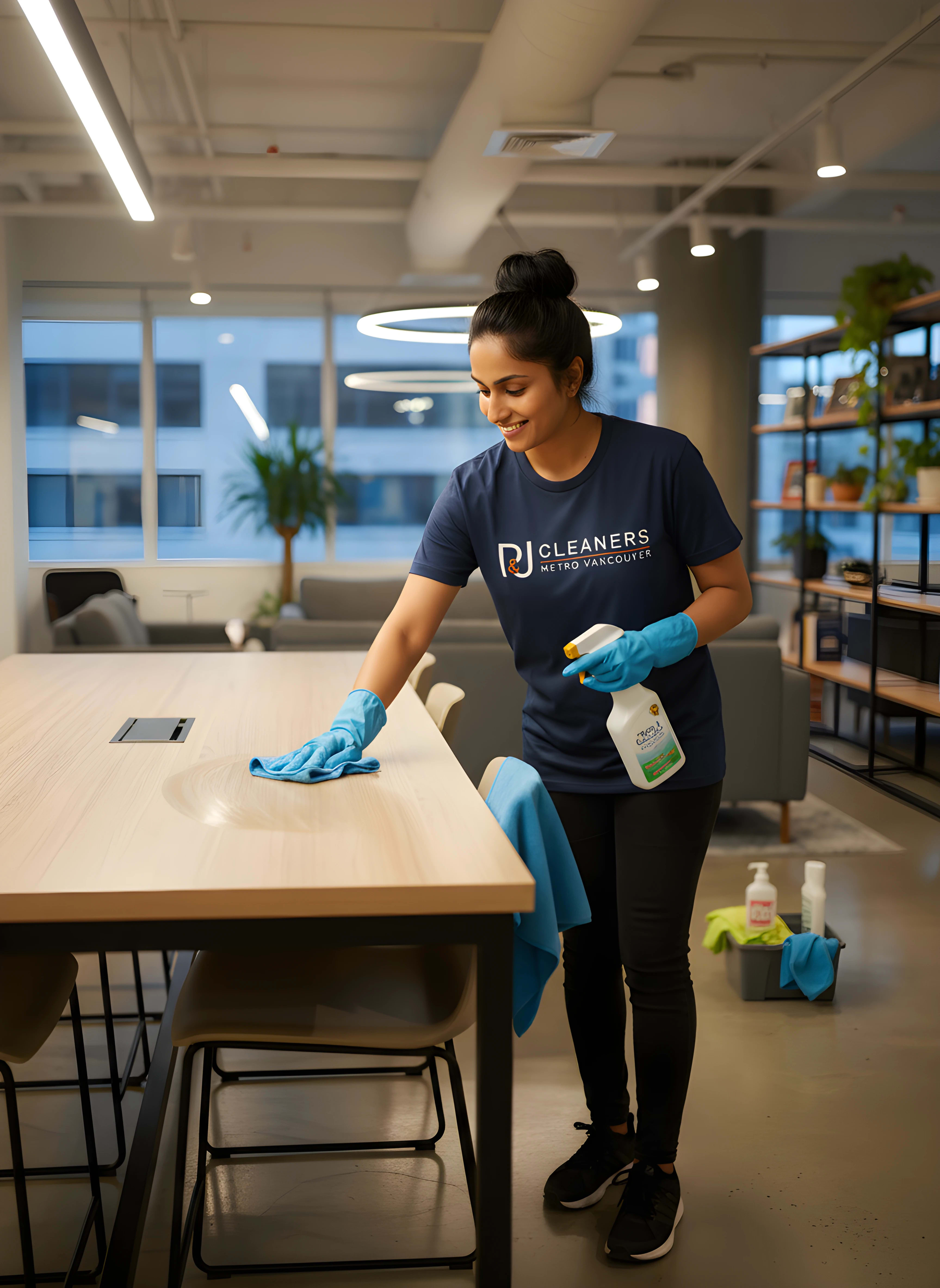 Professional event cleaning service in Brentwood — cleaner wipes down conference table in modern venue space