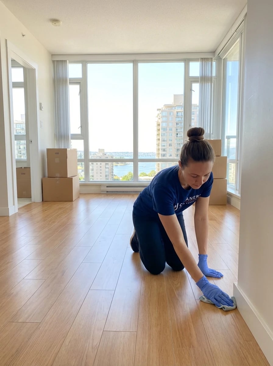 Professional cleaner wiping baseboards in a Mount Pleasant apartment during a move-out cleaning service, with moving boxes and city view visible