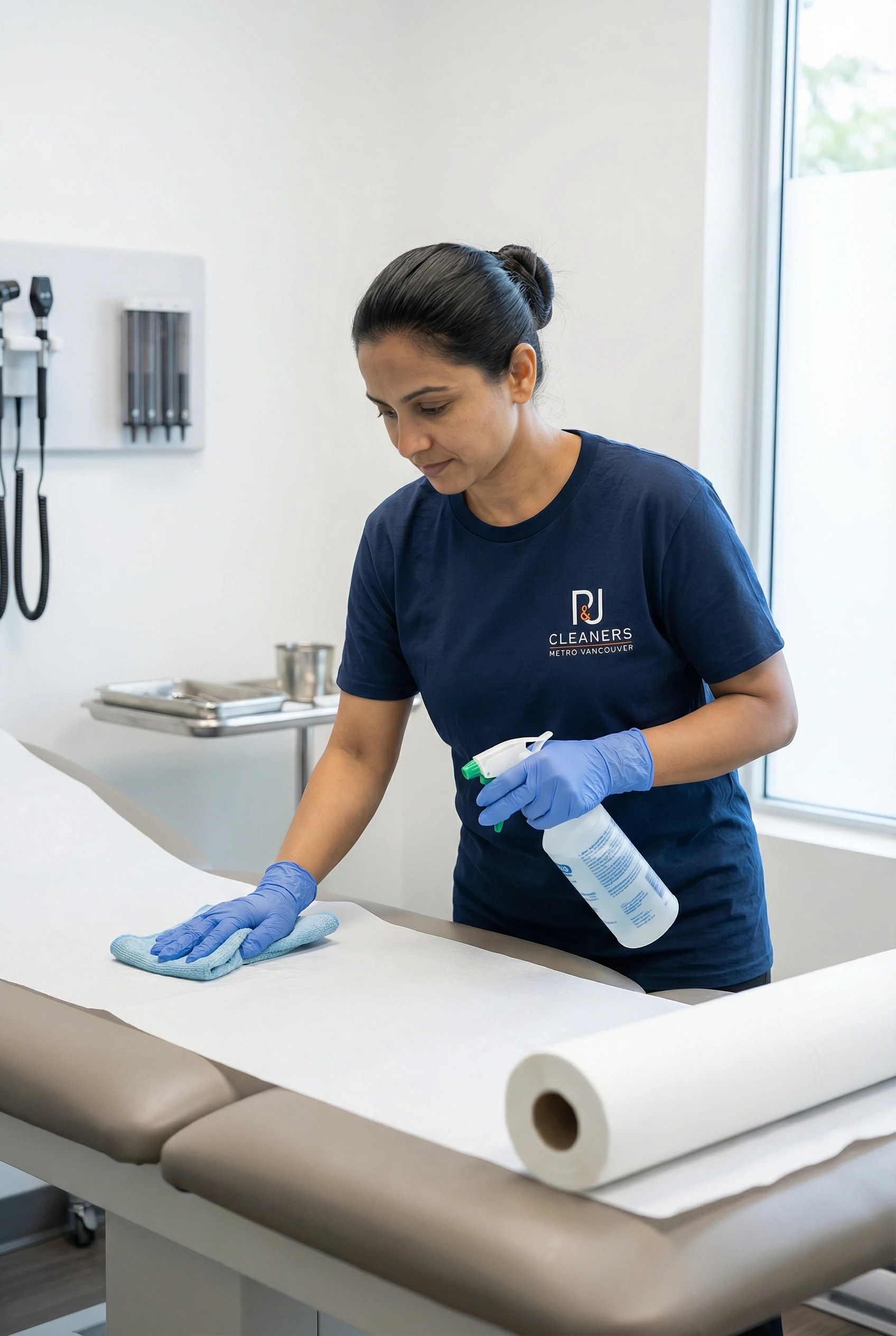 Professional cleaner sanitizing a medical examination table for Medical Cleaning services in Willowbrook