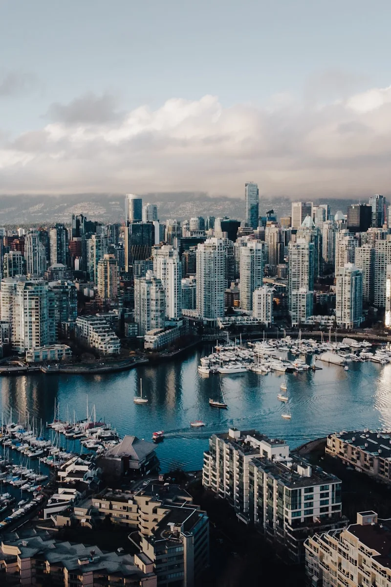 Downtown Vancouver city skyline with harbor and boats