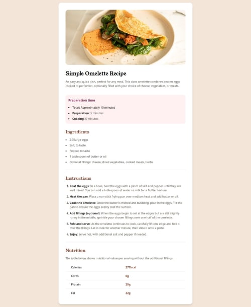 Simple Omelette Recipe using TailwindCSS coding challenge solution