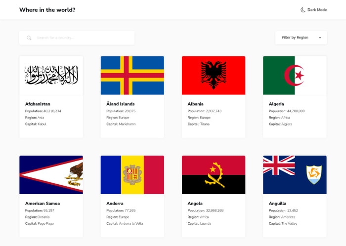 Desktop design screenshot for the REST Countries API with color theme switcher coding challenge