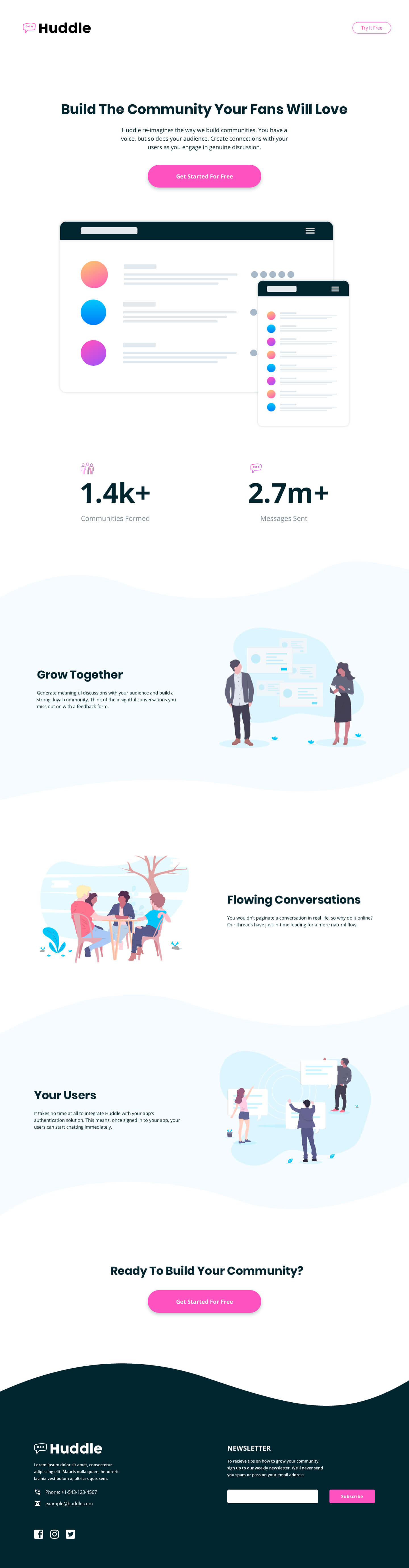 Design preview for Huddle landing page with curved sections coding challenge