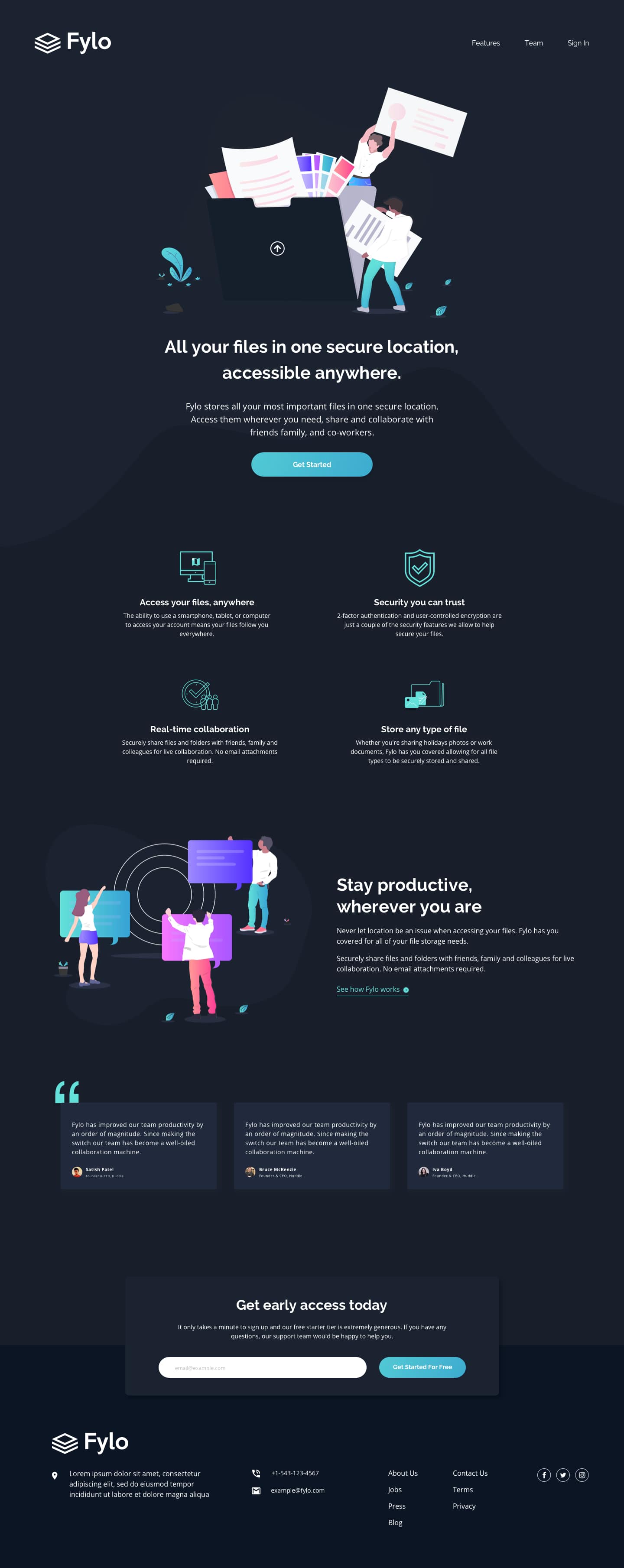 Design preview for Fylo dark theme landing page coding challenge