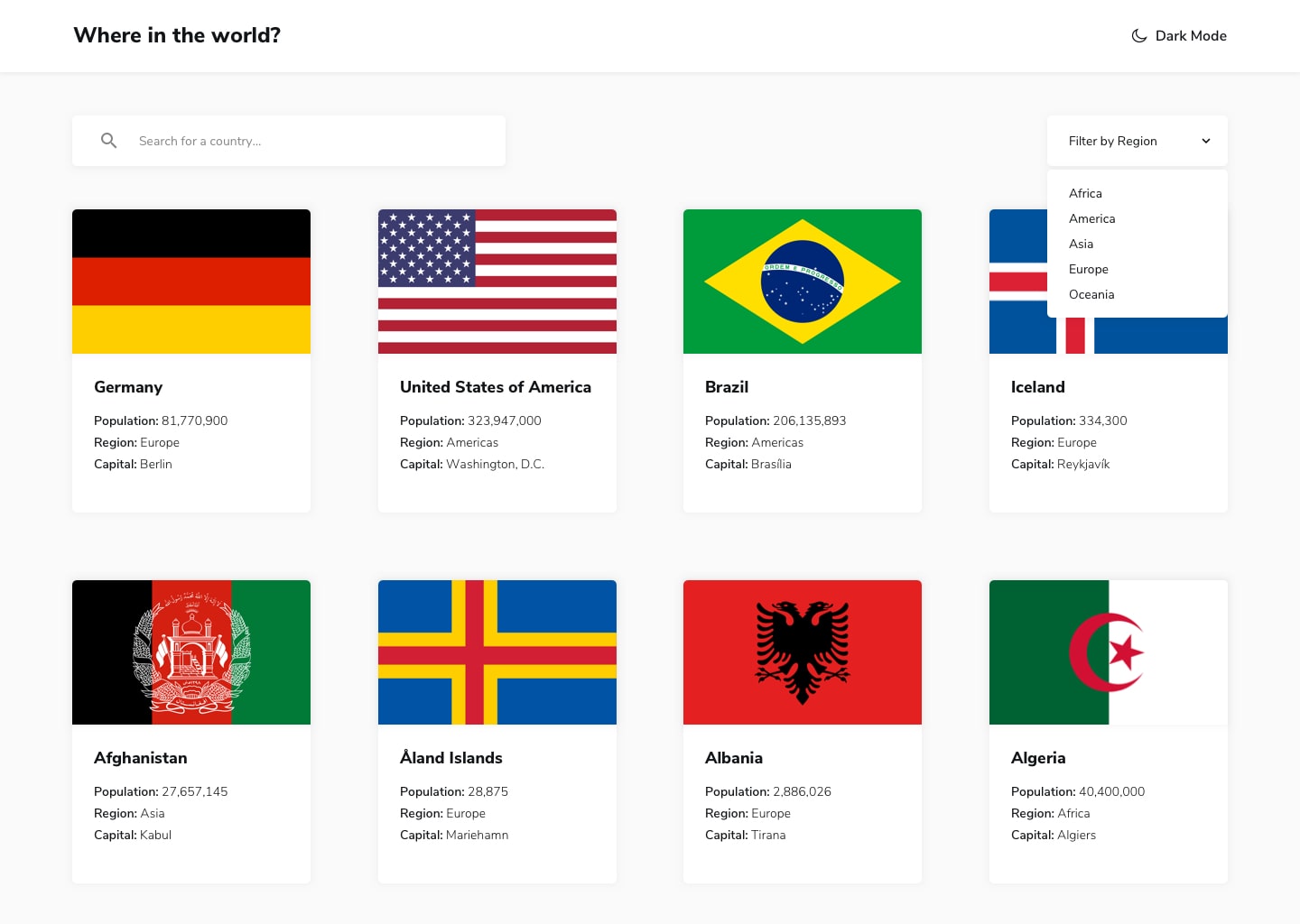 Design preview for REST Countries API with color theme switcher coding challenge