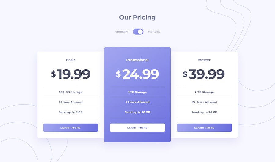 Design preview for Pricing component with toggle coding challenge