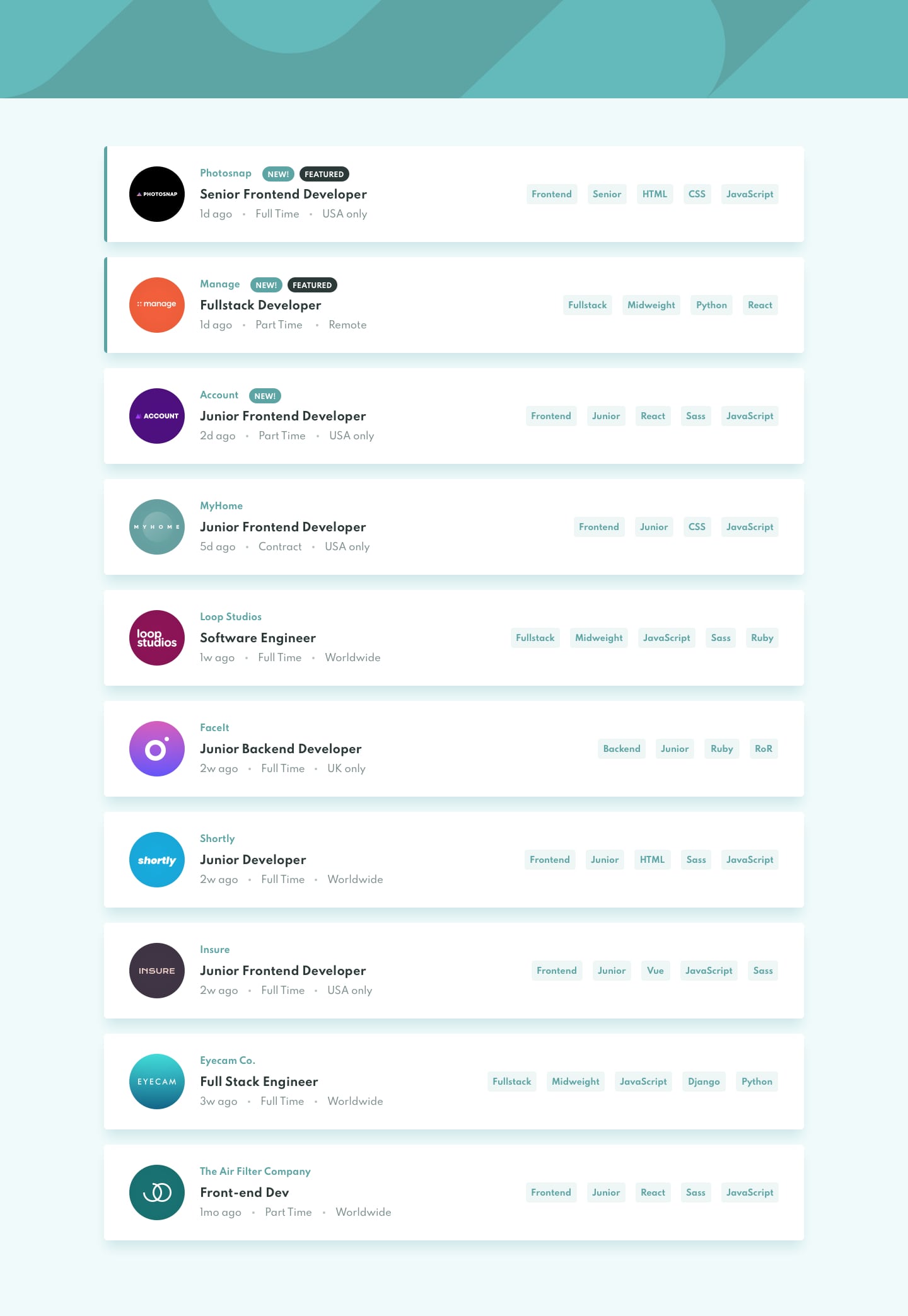 Design preview for Job listings with filtering coding challenge