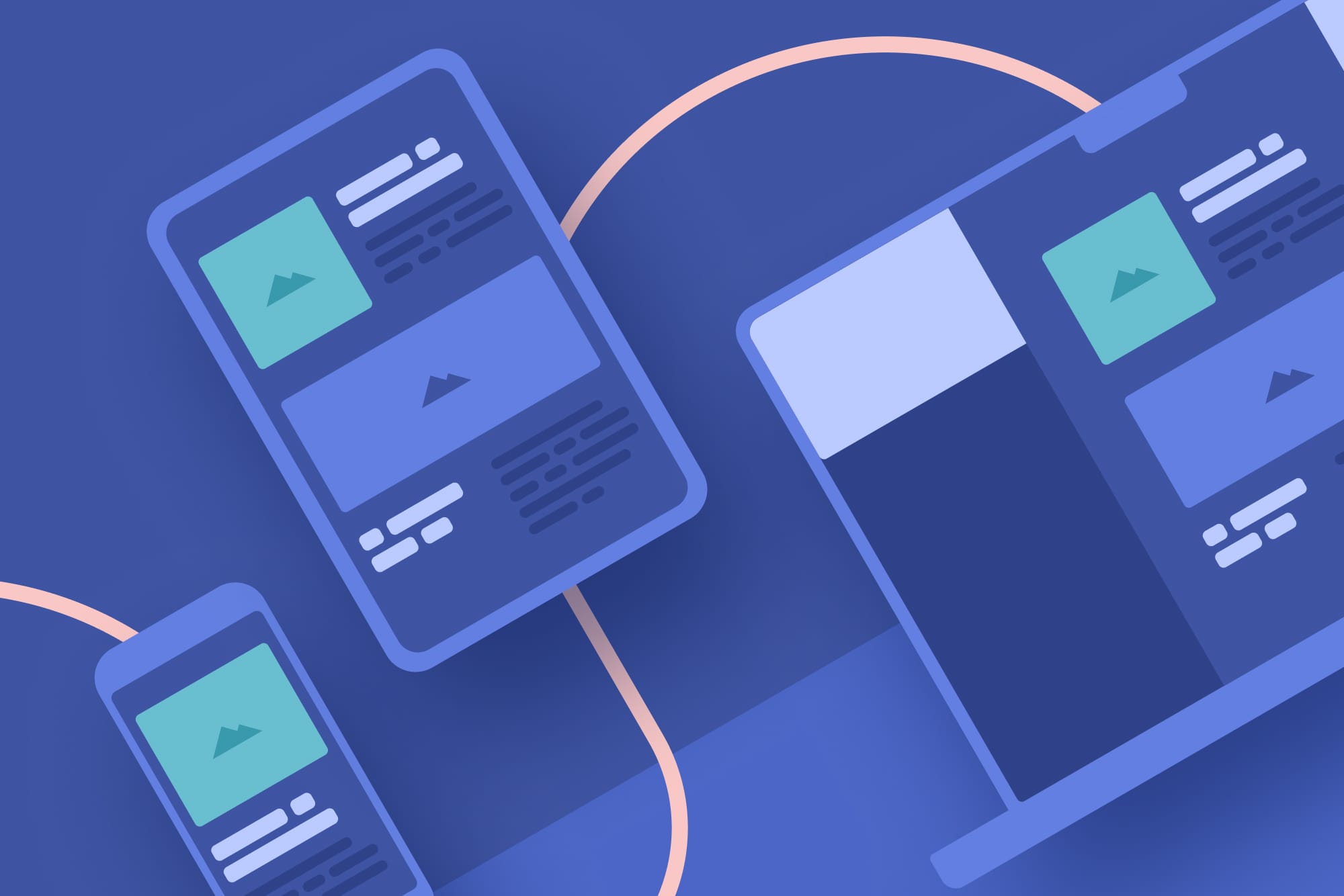 Graphical illustration showing a mobile layout becoming more complex on a tablet device and then becoming even more complex on a laptop