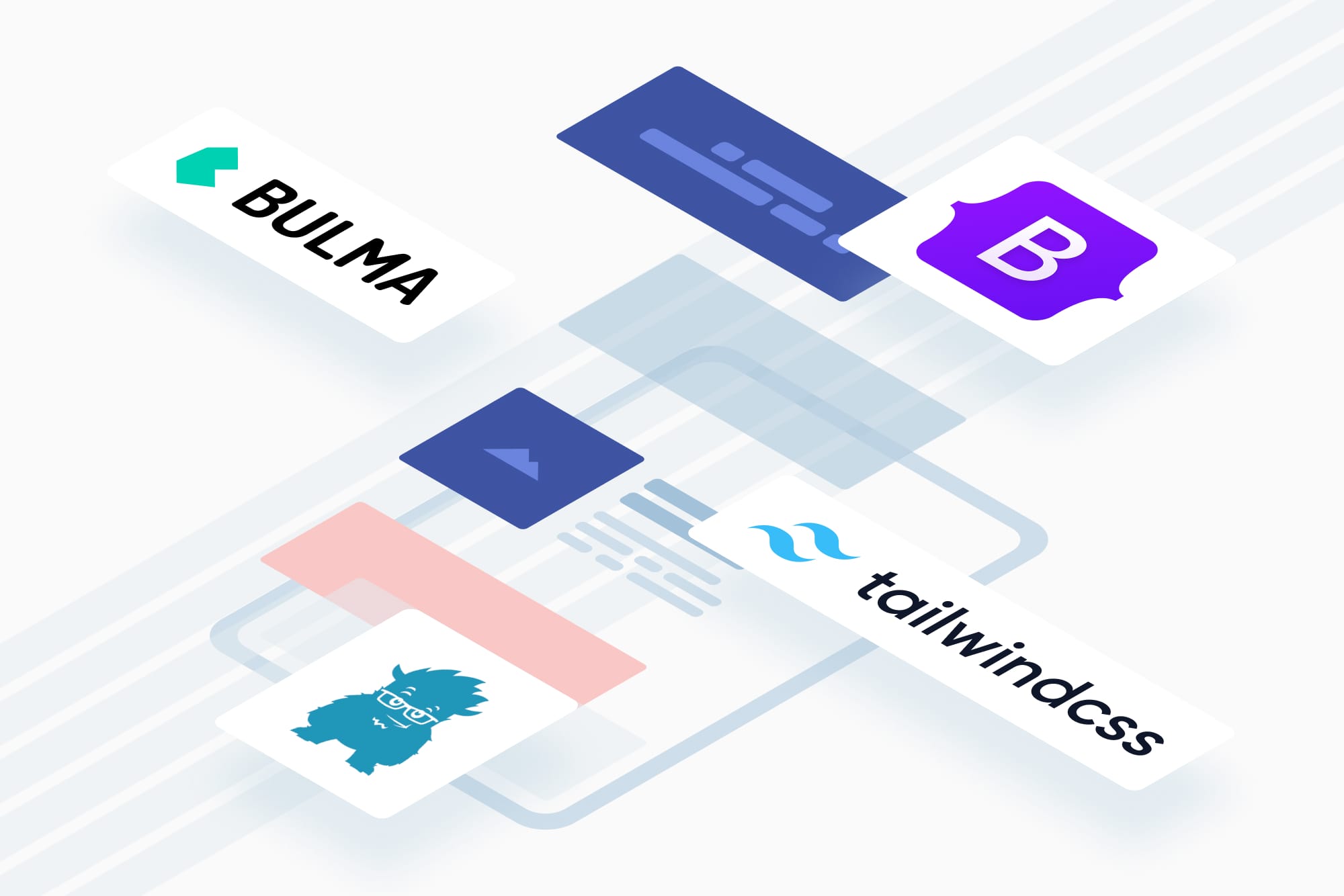 Graphical illustration of a web design mockup with grid lines and logos for Bootstrap, Bulma, Tailwind CSS, and Foundation