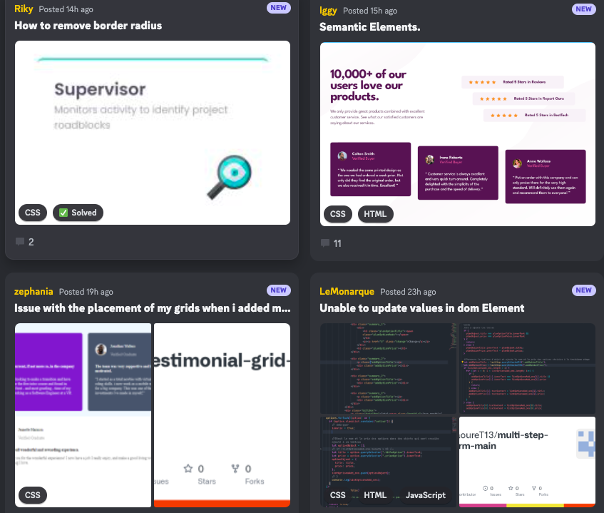 Screenshot of our Discord server with members asking for assistance on topics like, "How to remove a border radius", "semantic elements", "issue with placements of grid" and "unable to locate values in dom Element"