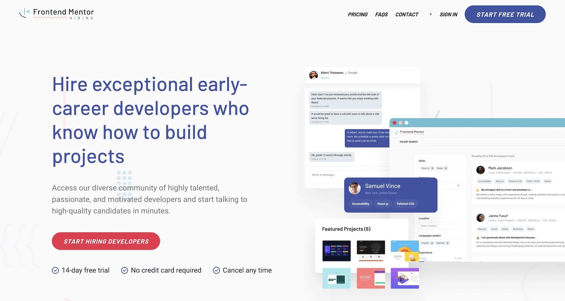 Screenshot of the Frontend Mentor Hiring platform homepage with the heading 'Hire exceptional early-career developers who know how to build projects'