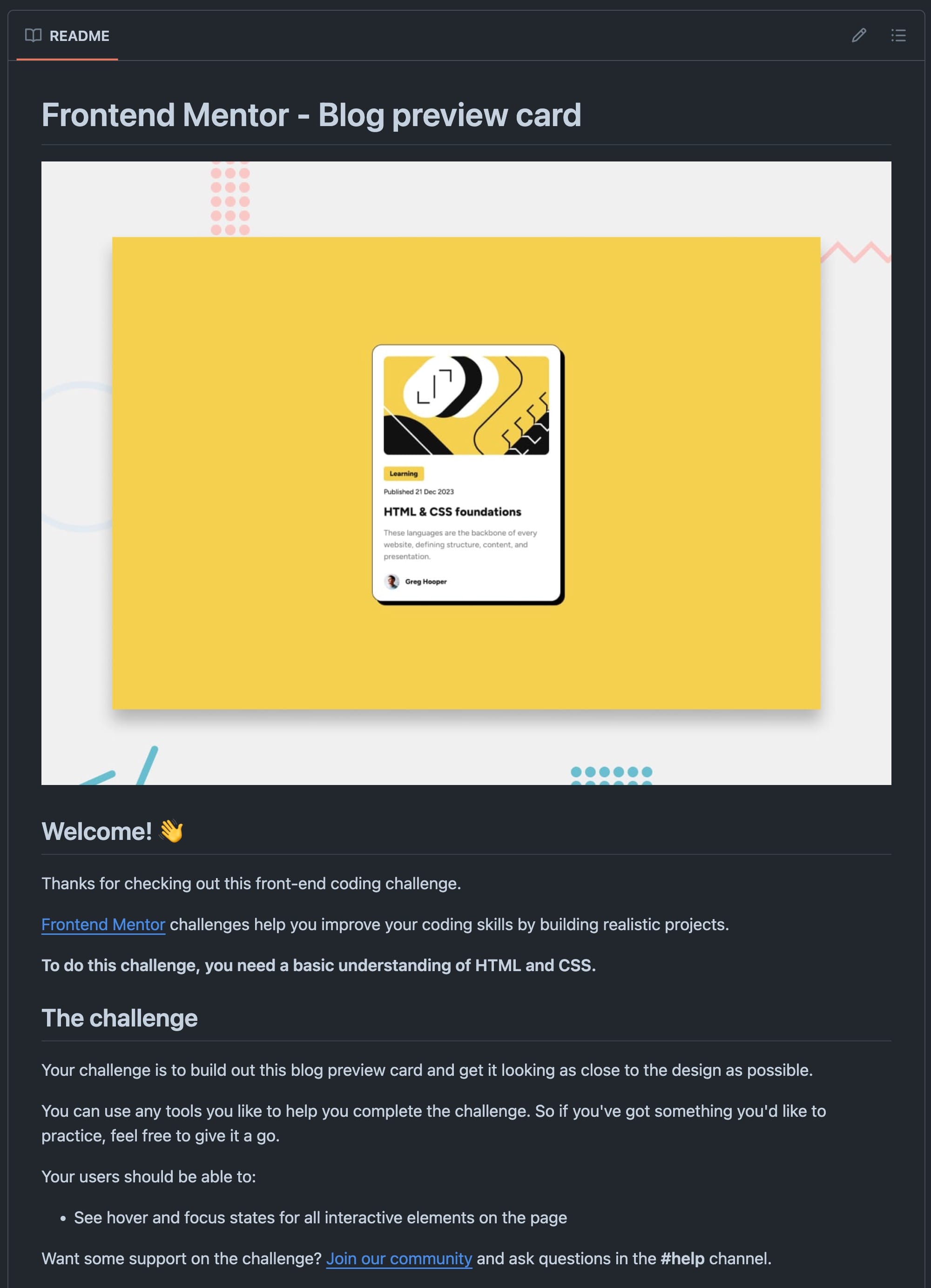 Screenshot of Frontend Mentor's blog preview card challenge README file on GitHub.