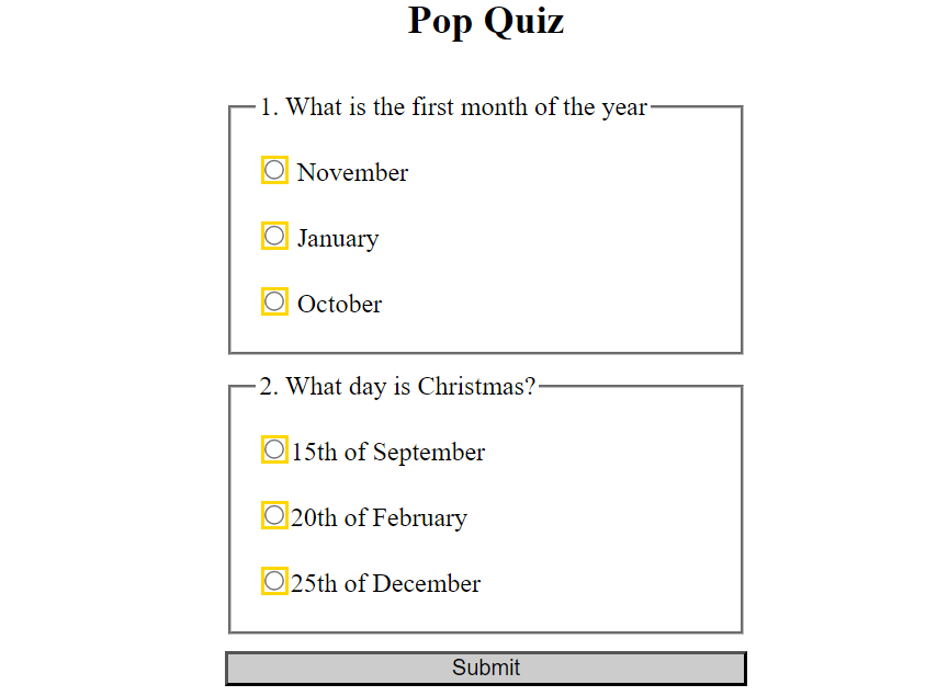 Form showing radio inputs in an indeterminate state with gold borders.