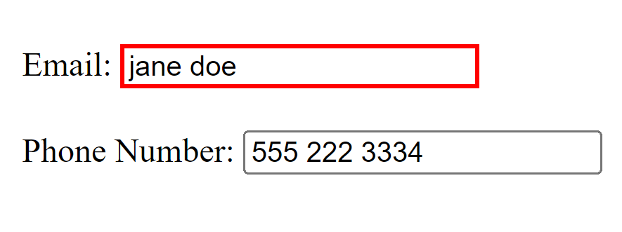 Form showing an input error for the email field when the user's input is an incorrect format.