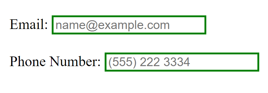 Form showing two valid inputs with green borders.