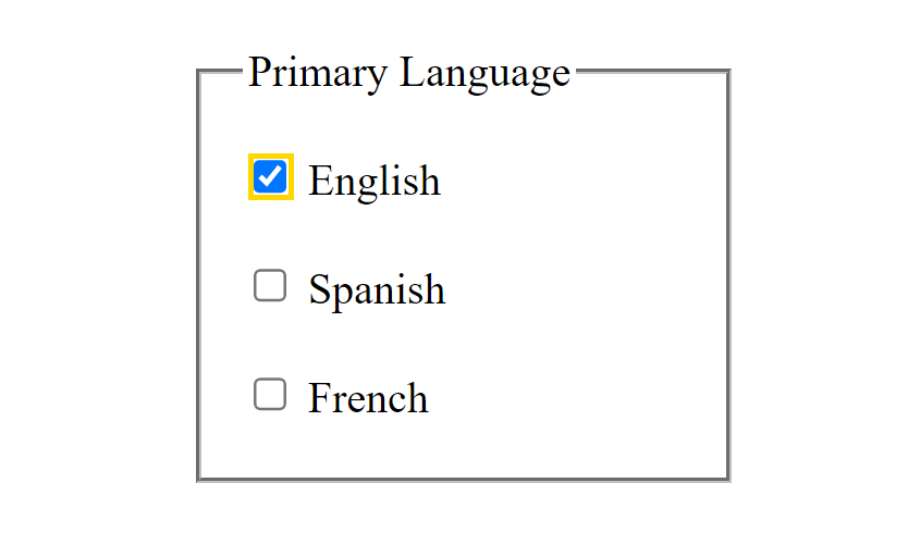 A checkbox group with the default checkbox displaying a gold border.