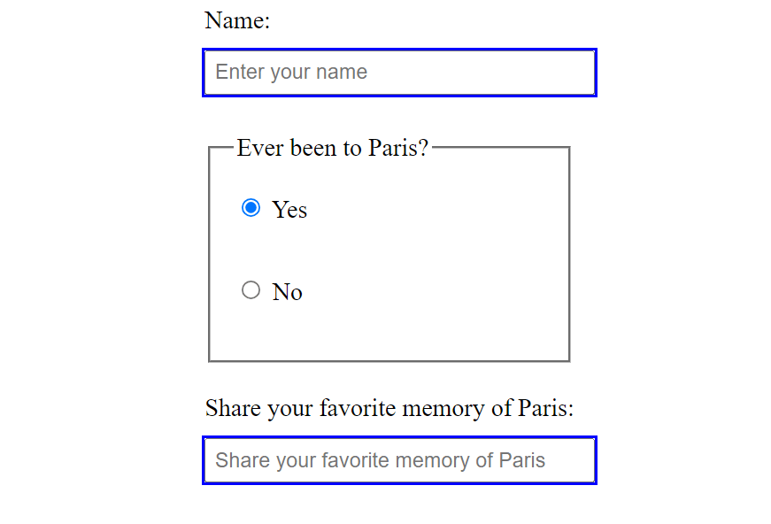 Form showing text inputs with blue borders indicating they are selectable using the :read-write selector.