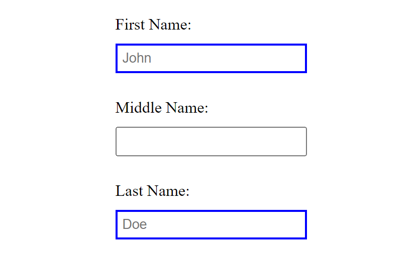 A form showing first, middle, and last name fields, with the first and last including placeholders and therefore displaying blue borders.