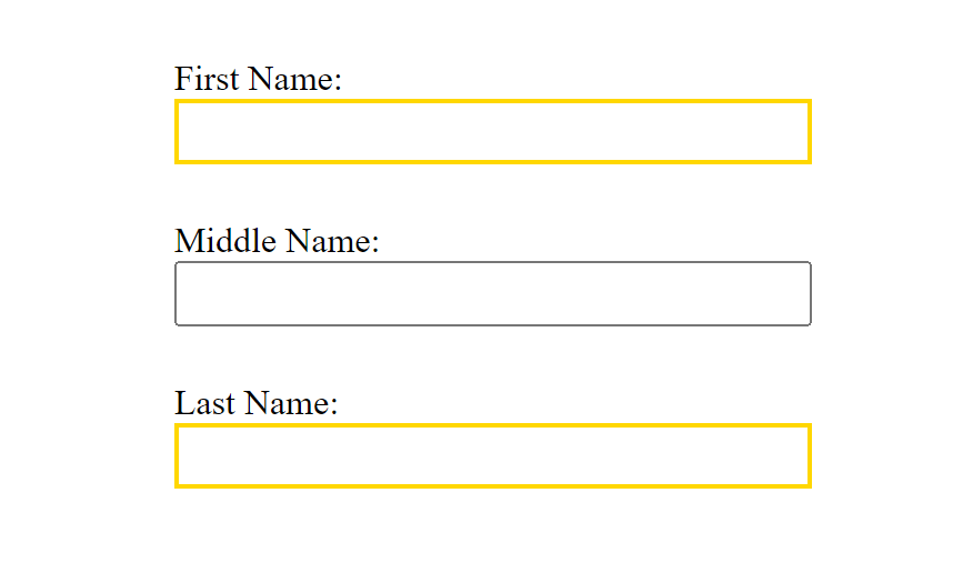 Form showing the required first and last name input fields with gold borders.